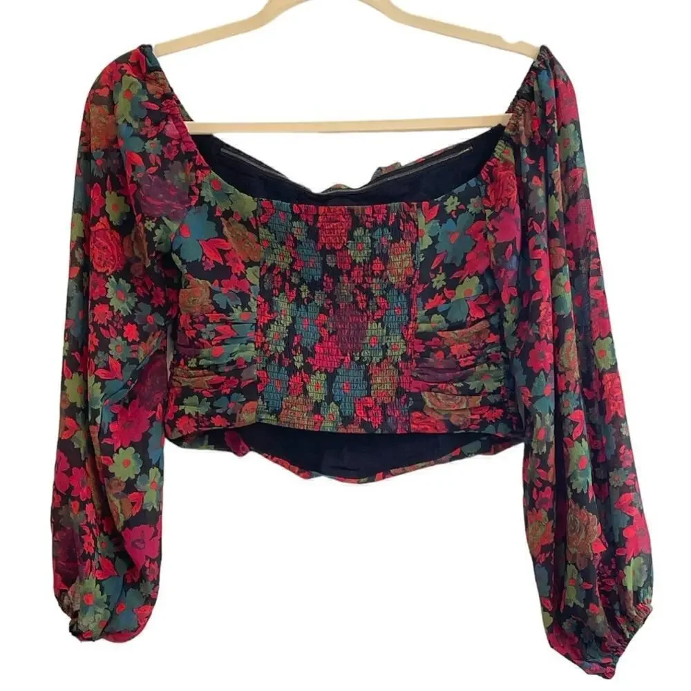Free People Oh LaylaFloral Crop Top Sz Small Black Combo Smocking Balloon Sleeve
